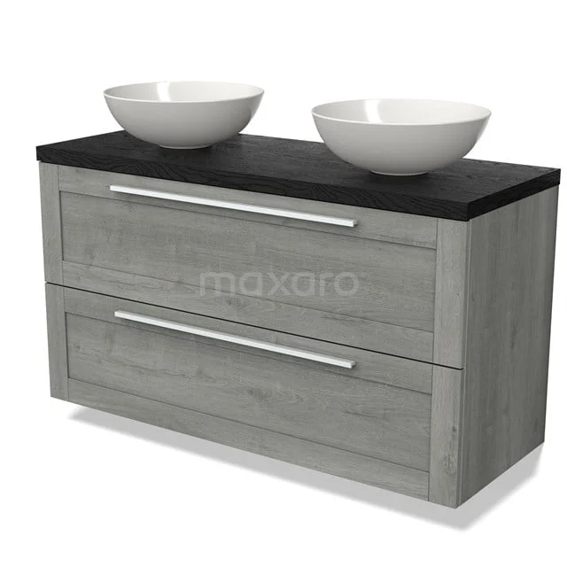 Grey oak bathroom unit with two white wash basins, sleek black worktop and spacious storage drawers, perfect for modern bathrooms.