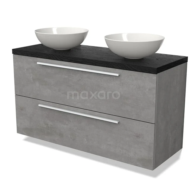 Grijze dubbele wastafelmeubel met betonlook, zwarte bovenblad en witte keramische kommen, ideaal voor moderne badkamers.
