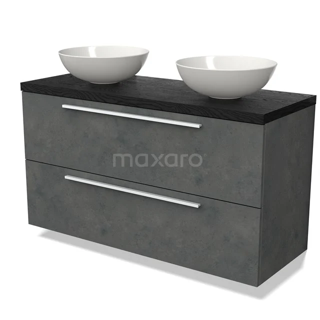 Graue Badmöbelset mit Betonlook, Doppelwaschbecken und schwarzer Platte. Modernes Design für stilvolle Bäder.