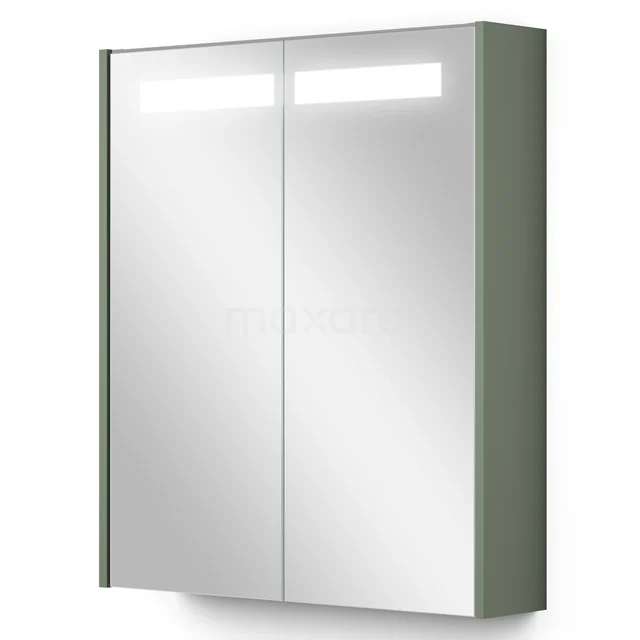 Moderne Spiegelschrank mit LED-Beleuchtung, zweiteiliges Design, Metallgehäuse in olivgrüner Farbe, ideal für das Badezimmer.