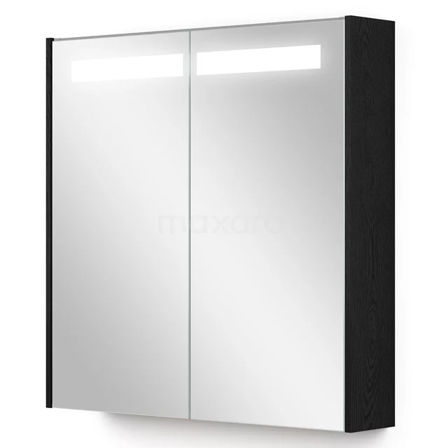 Schwarzer Spiegelschrank mit LED-Beleuchtung, zweitüriges Design und klaren Linien, ideal als stilvoller Stauraum im Badezimmer.