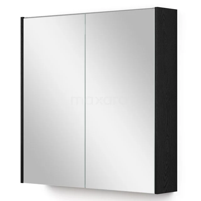 Schwarzer Spiegelschrank mit doppelten Spiegeltüren, ideal für Badezimmerlagerung, moderner Stil und hochwertige Verarbeitung.