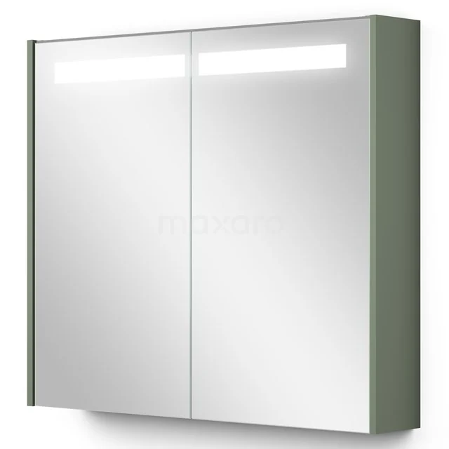 Grüner Badschrank mit Spiegeltüren, integrierter LED-Beleuchtung und schlankem Design, ideal für moderne Badezimmergestaltung.