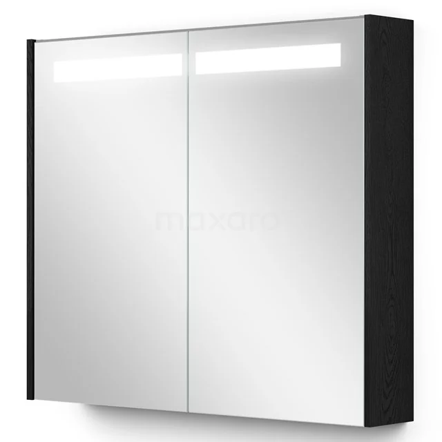Schwarz-weiß Badschrank mit Spiegeltüren, integrierter LED-Beleuchtung und modernem Design. Ideal für stilvolle Badezimmerlagerung.