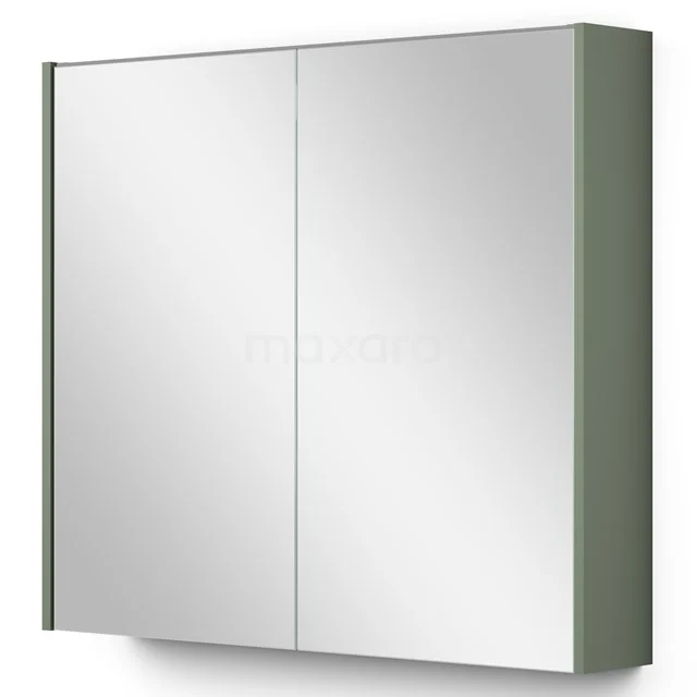 Groene spiegelkast badkamer met dubbeldeurs design, minimalistisch metalen frame en veel opbergruimte voor een moderne look.