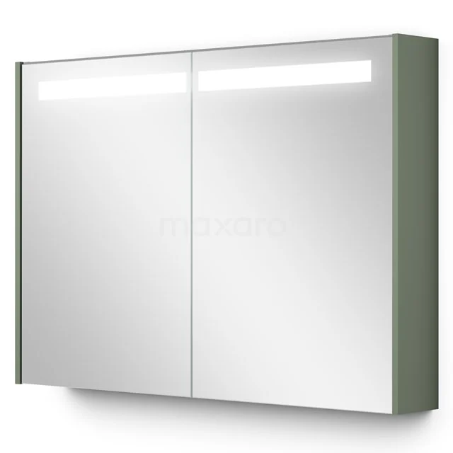 Moderne Spiegelschrank mit LED-Beleuchtung, doppelten Spiegeltüren und einer grauen Seite; ideal für ein stilvolles Badezimmer.