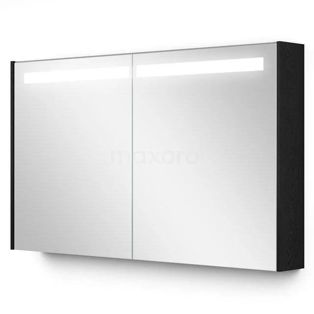 Spiegelschrank mit Beleuchtung Modulo 120x70cm Schwarze Eiche K99-1200-59008-31 Verlichte schwarze Spiegelschrank mit doppelten Türen, modernem Aussehen und integrierter LED-Beleuchtung für praktische Badezimmerlagerung.