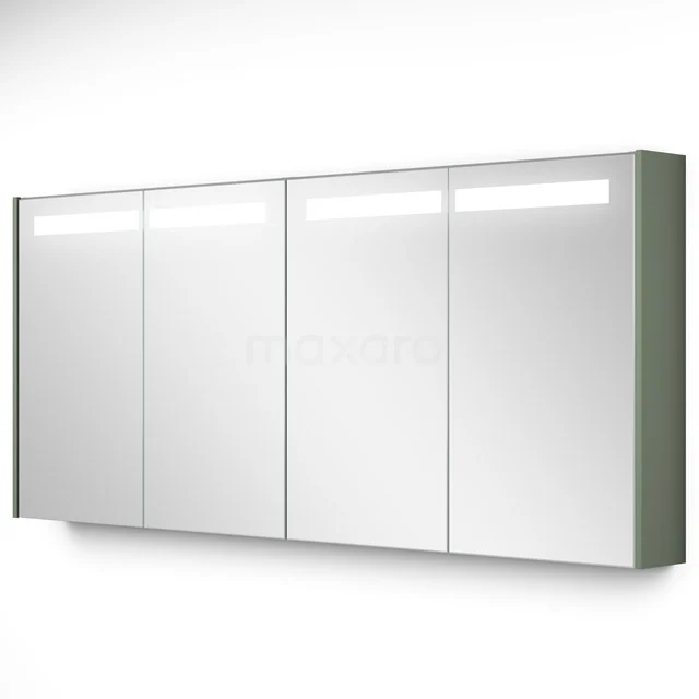 Weiße Spiegelschrank mit vier Spiegeltüren, integrierter LED-Beleuchtung und schickem Finish, ideal für ein modernes Badezimmer.