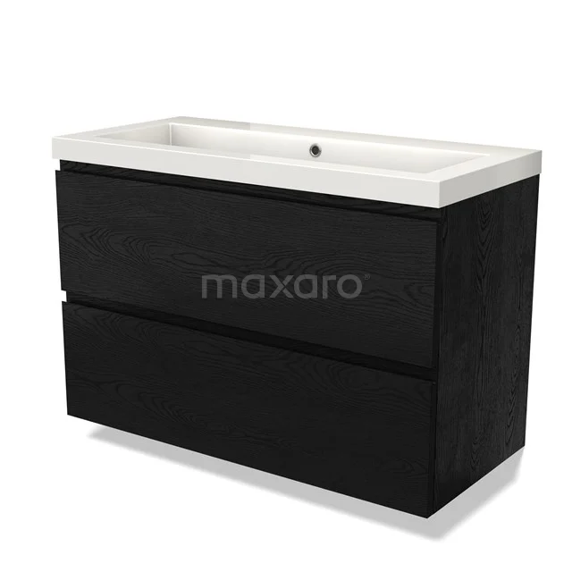 Schwarze Badmöbelset mit weißem keramischen Waschbecken, moderne Ausstrahlung, zweischubladiges Design der Luxuslinie Serie.