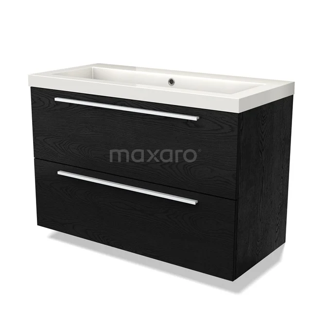 Zwart houten badkamermeubel met witte keramische wastafel, twee lades met chromen handgrepen, modern design.