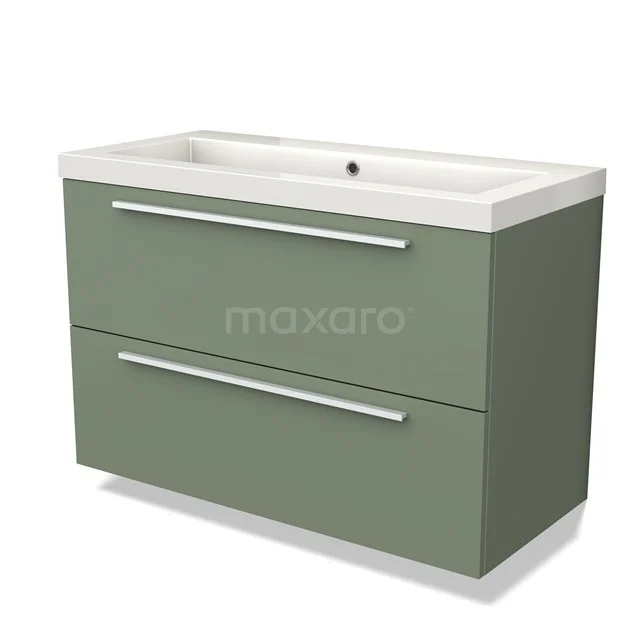 Groen badkamermeubel met gladde mat afwerking, twee lades, ingebouwde wastafel en chroomkleurige handgrepen.