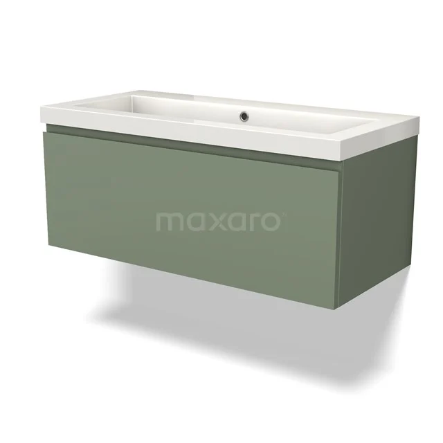 Modulo Bathroom furniture with sink | 100 cm Sage green Handle-less front Mineral marble 1 drawer BMW11-04001 Green floating base cabinet with white ceramic sink, modern design, ideal for stylish bathrooms.