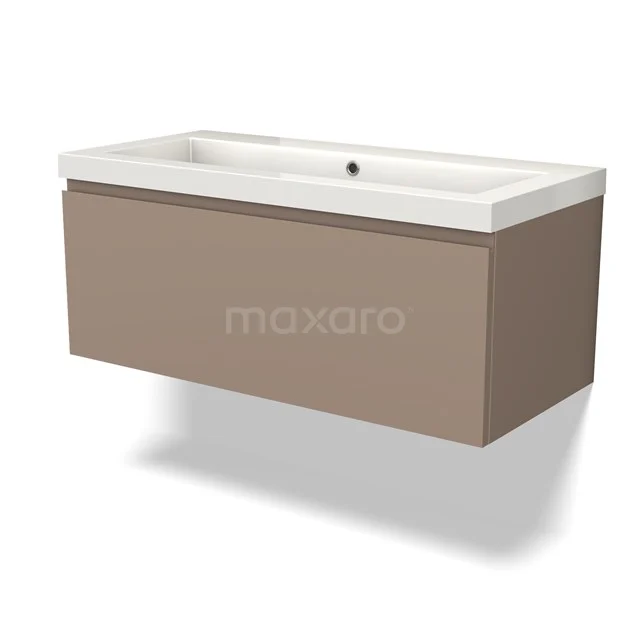 Brown suspended vanity unit with white ceramic basin, modern design, ideal for a sleek bathroom style.