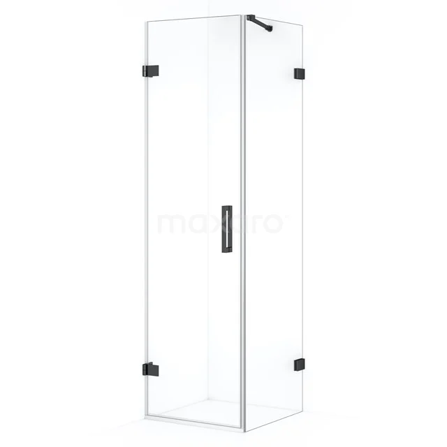 Angled glass shower enclosure with clear glass, black accents and modern design, perfect for any luxury bathroom.