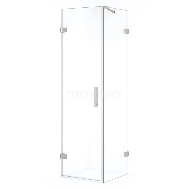 Glass shower enclosure with corner entry, rectangular design, stainless steel hinges and modern minimalist design.