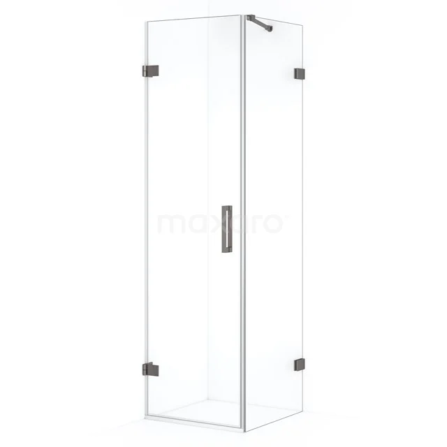 Sleek glass shower enclosure with corner door, chrome accents and minimalist design, ideal for modern bathroom interiors.