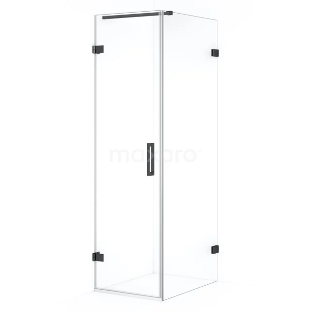 Glass shower enclosure with sleek black profile, corner entry and folding doors, ideal for stylish bathroom design.