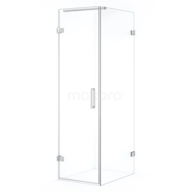 Glass shower enclosure with clear glass panels, angular design and stainless steel handle, perfect for a modern bathroom.