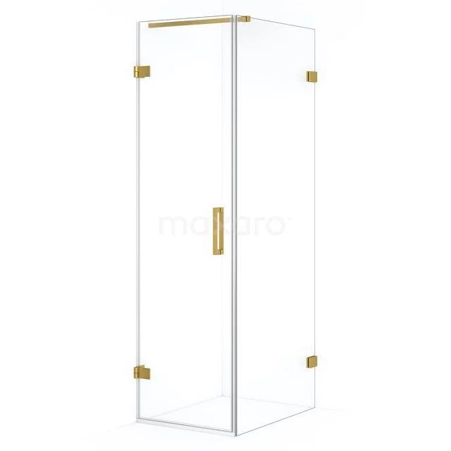 Glazen douchecabine met gouden scharnieren en handgreep, minimalistisch design, ideaal voor moderne badkamers.
