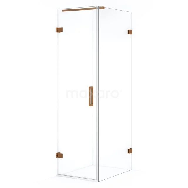 Glazen douchecabine met goudkleurige details, strak design en hoekvorm, ideaal voor een moderne badkamer.