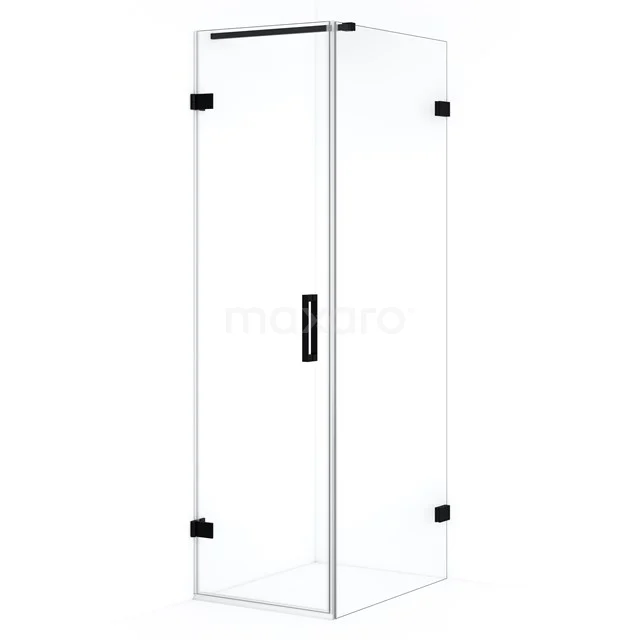 Glazen douchecabine met zwarte scharnieren, hoekmodel, strak design, perfect voor moderne badkamers.