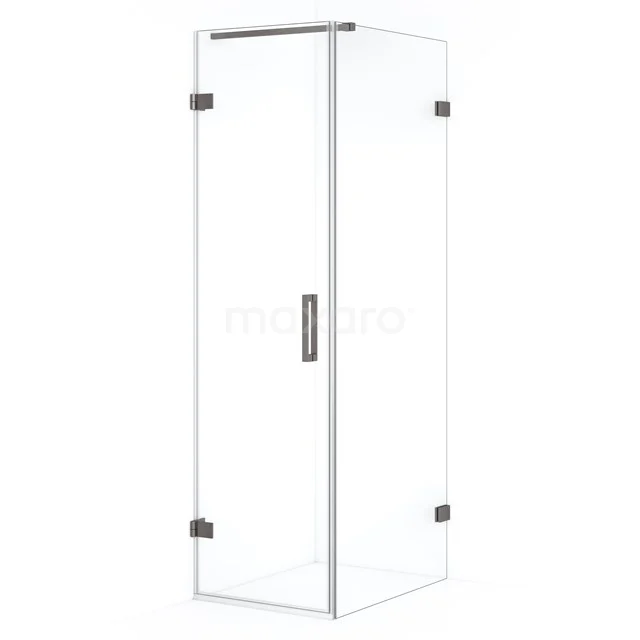 Glass shower enclosure with hinged doors, corner entry, clear glass, chrome fittings, modern design for stylish bathrooms.