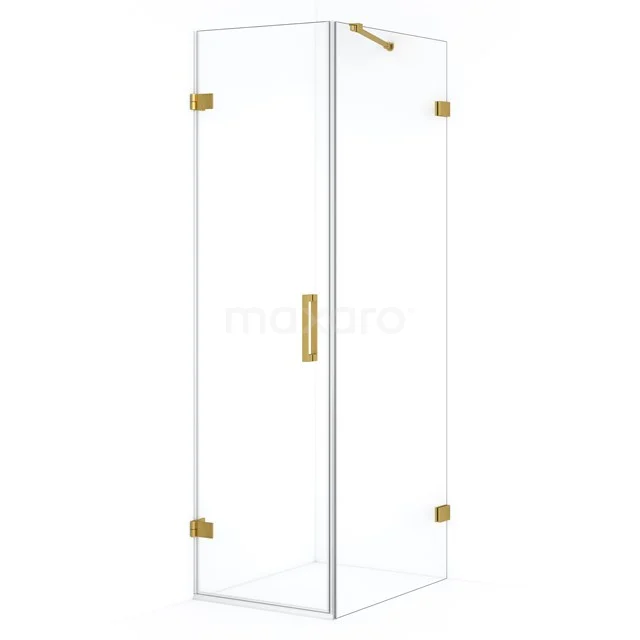 Glass shower enclosure with gold-coloured hinges and Handle, luxurious look, perfect for a modern bathroom.