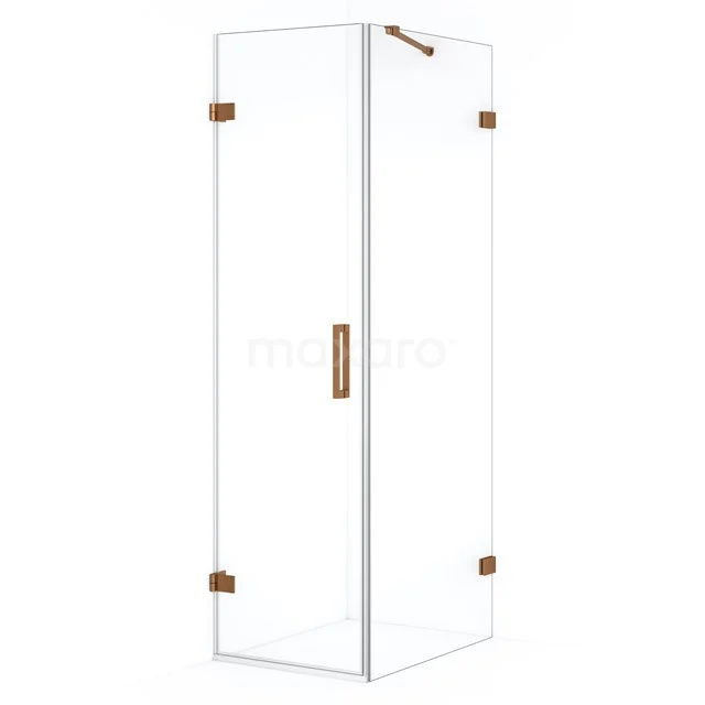Glass shower enclosure with gold details, rectangular design, ideal for stylish and modern bathroom design.