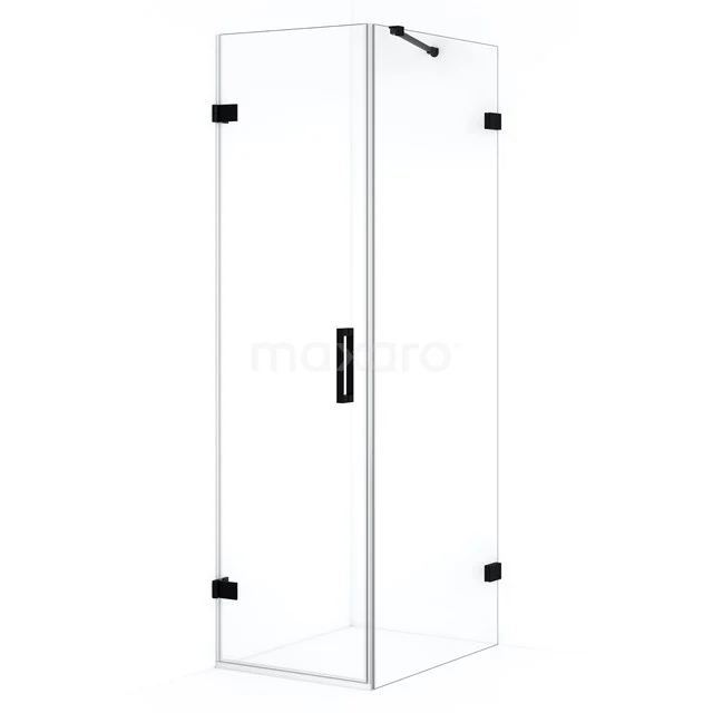Corner shower enclosure with clear glass and black hinges, perfect for a modern bathroom.
