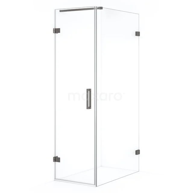 Shower enclosure square, clear glass with matte black hinges, minimalist design for a modern bathroom.