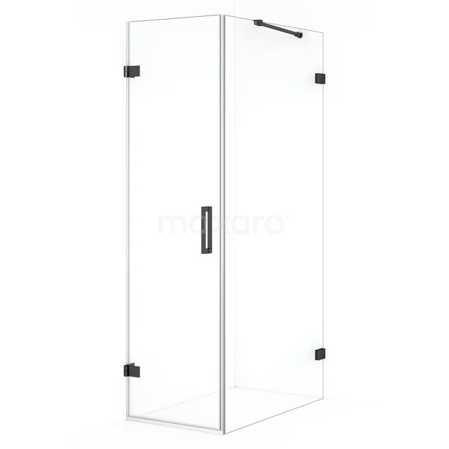 Glas Duschkabine mit Eckeinstieg, Klarglas, Schwarz Metall Scharniere, ideal für eine moderne Badezimmer Einrichtung.