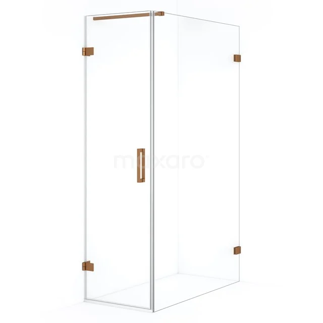 Angled glass shower enclosure with clear glass and metal accents; stylish design for modern bathroom interiors.