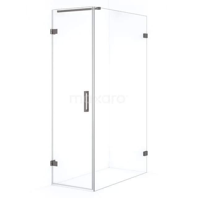 Glass shower enclosure with corner design, clear panels, stainless steel accents and minimalist design for a modern bathroom.