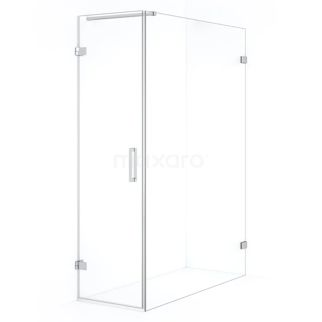 Glass shower enclosure with tight corners, transparent design and metal hinges, ideal for a modern bathroom.