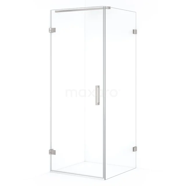 Glass shower enclosure with corner step, clear glass and stainless steel hinges, ideal for modern bathroom areas.