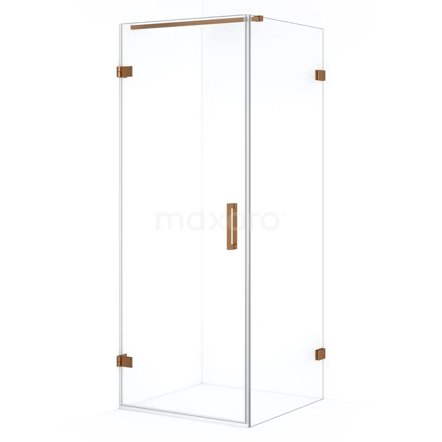 Glass shower enclosure with wooden accents, sleek design, perfect for a modern bathroom.