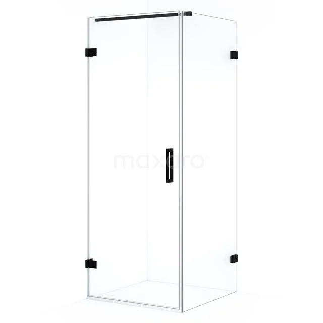 Glass shower enclosure with black accents, square shape, ideal for a modern bathroom.