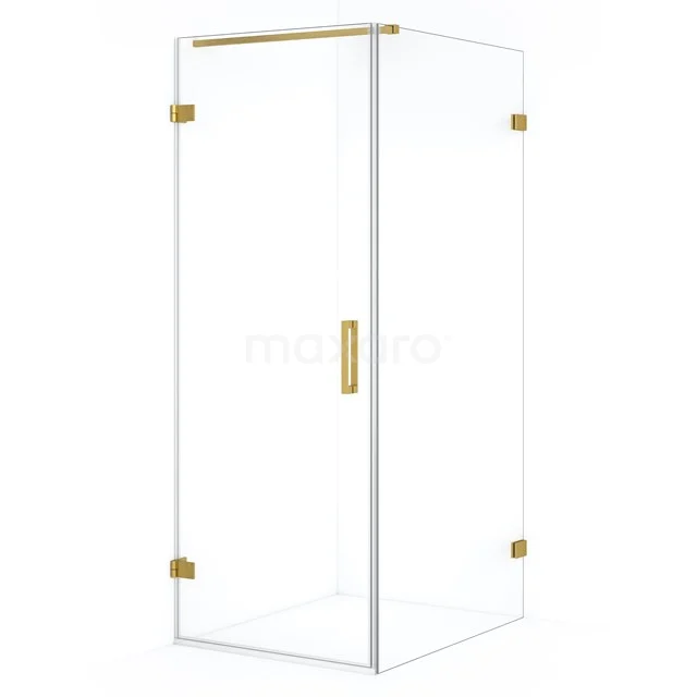 Glass shower enclosure with gold hinges and handle, modern design for a luxurious bathroom.