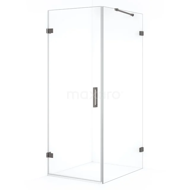 Corner shower enclosure with clear glass and chrome hinges; modern design for any bathroom style.