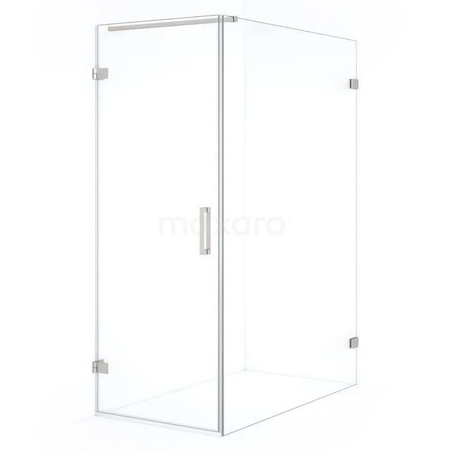 Glass shower enclosure with corner step, clear glass and metal hinges; ideal for modern bathroom design.