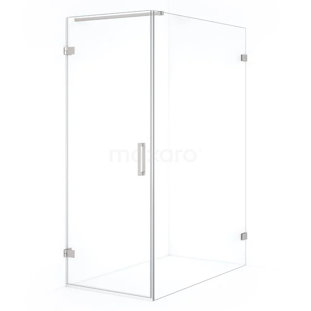 Glass shower enclosure with corner step, clear glass and metal hinges; ideal for modern bathroom design.