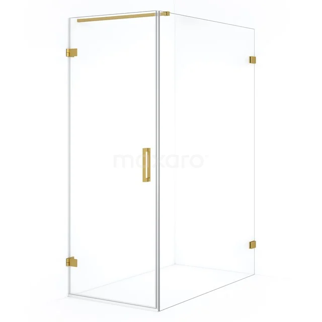 Glass shower enclosure with gold accents, minimalist design and sleek frame, perfect for a modern bathroom.