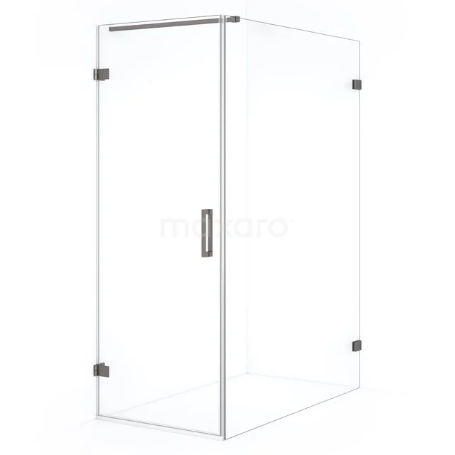 Glass shower enclosure with corner step, clear glass safety glass and metal hinges; stylish design for a modern bathroom.