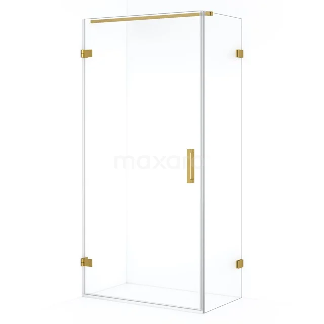 Glass shower enclosure with gold accents, clean lines and modern design, perfect for a luxurious bathroom layout.