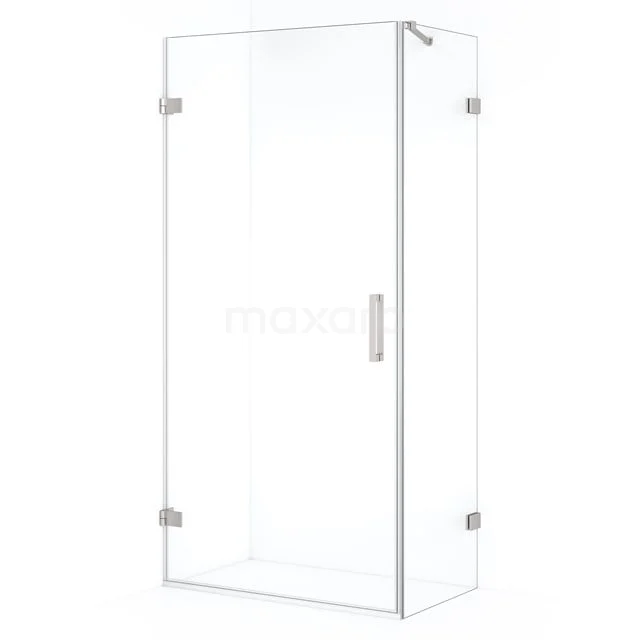 Transparent glass shower enclosure with chrome hinges, rectangular design, ideal for a modern bathroom.