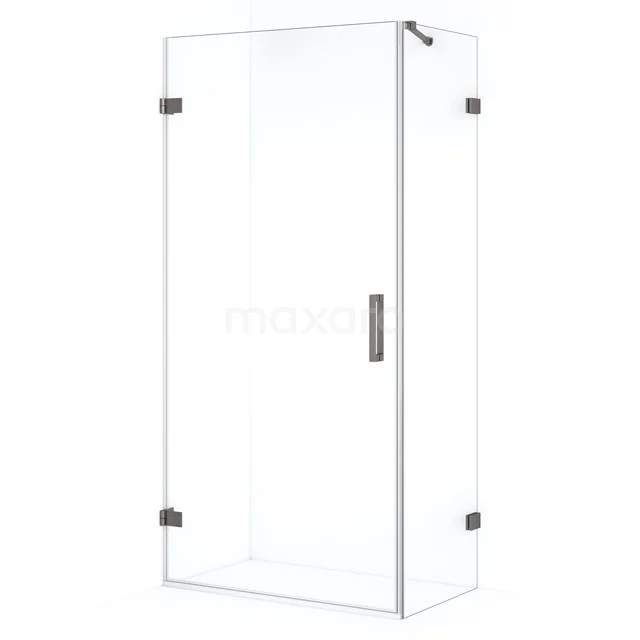 Glass shower enclosure with sleek, square shape and stainless steel hinges, perfect for a modern bathroom.