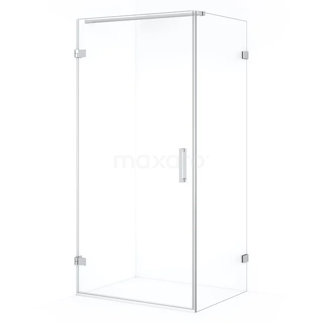 Corner shower cabin in clear glass, square design, aluminium profile, ideal for modern bathroom fittings.