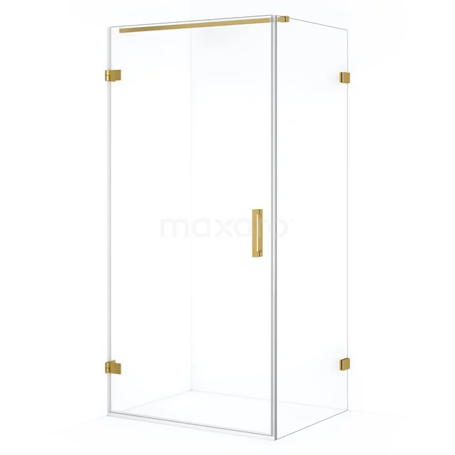 Glass shower enclosure with gold accents, sleek design and minimalist style, perfect for modern bathroom design.