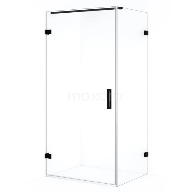Glass shower enclosure with matte black accents, sleek design and square shape, ideal for a modern bathroom.