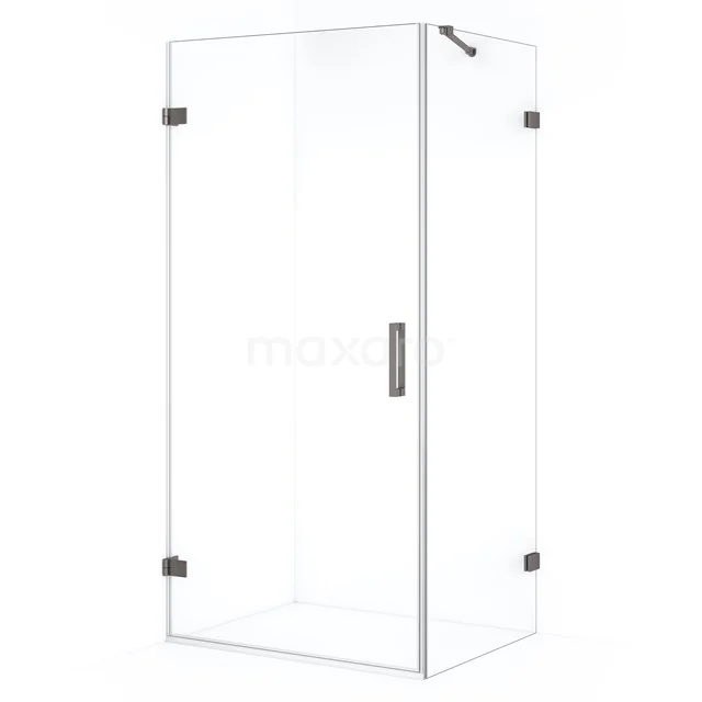 Corner shower cabin in clear glass with black accents, ideal for a modern bathroom.